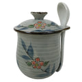 Japanese Porcelain Lidded Cup w/Spoon Pink Cherry Blossom Blue Container Y492