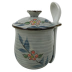 Japanese Porcelain Lidded Cup w/Spoon Pink Cherry Blossom Blue Container Y492