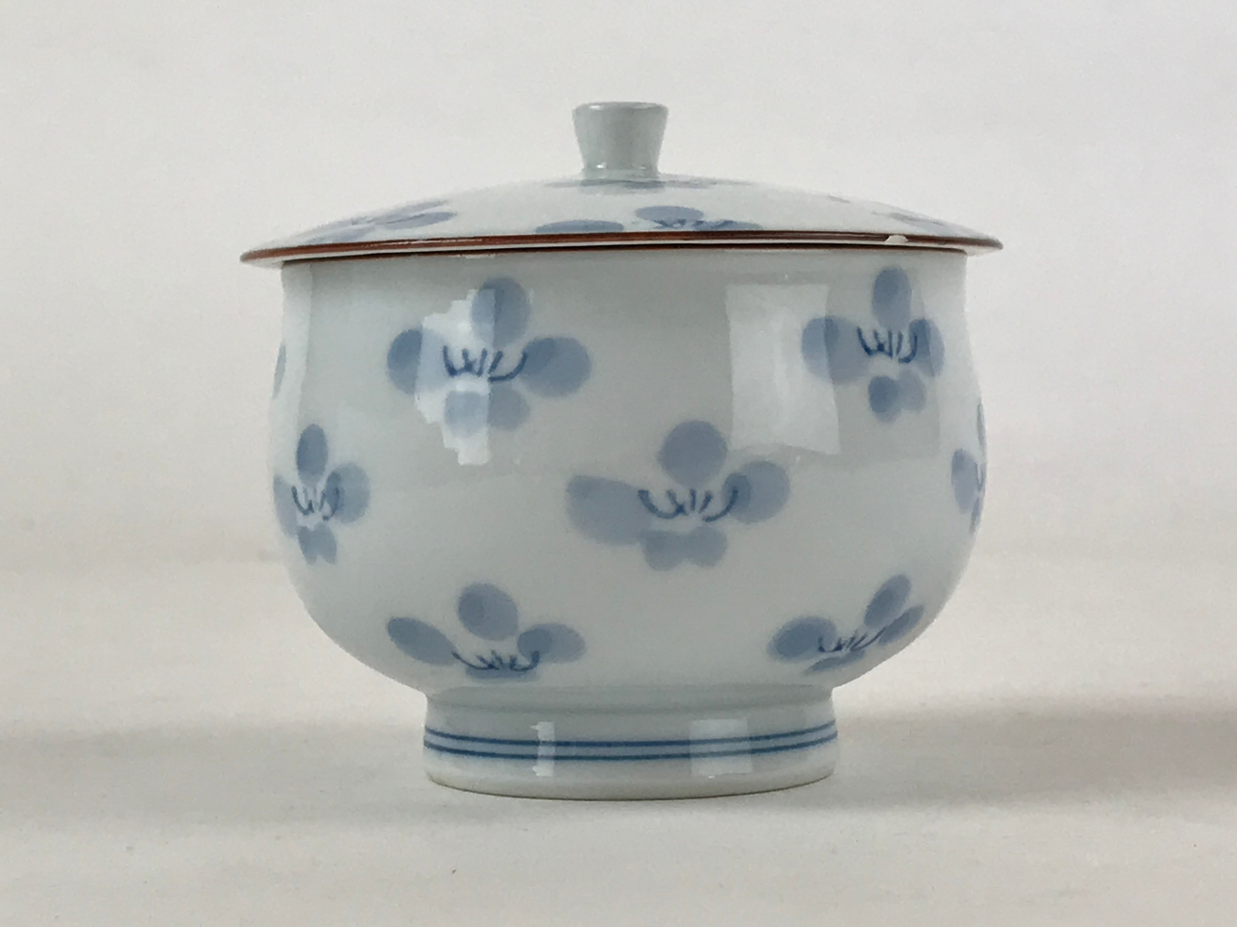 Japanese Porcelain Lidded Teacup Chawan Vtg Blue Flowers Pottery Yunomi TC386