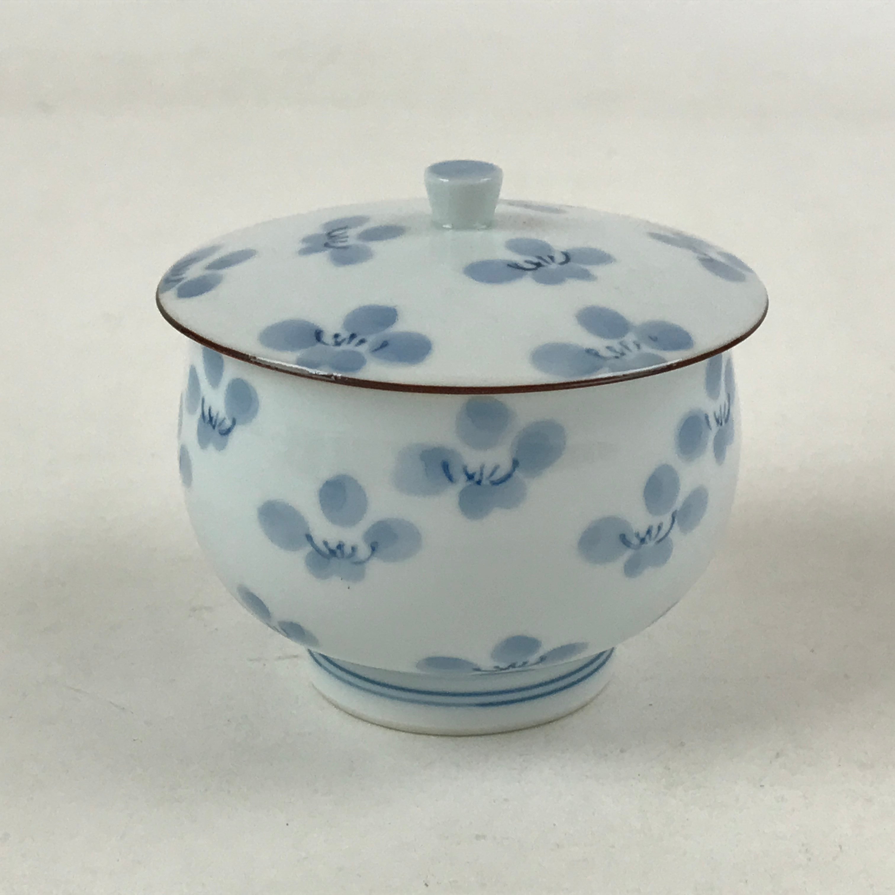 Japanese Porcelain Lidded Teacup Vtg Blue Flowers Chawan Pottery Yunomi TC384