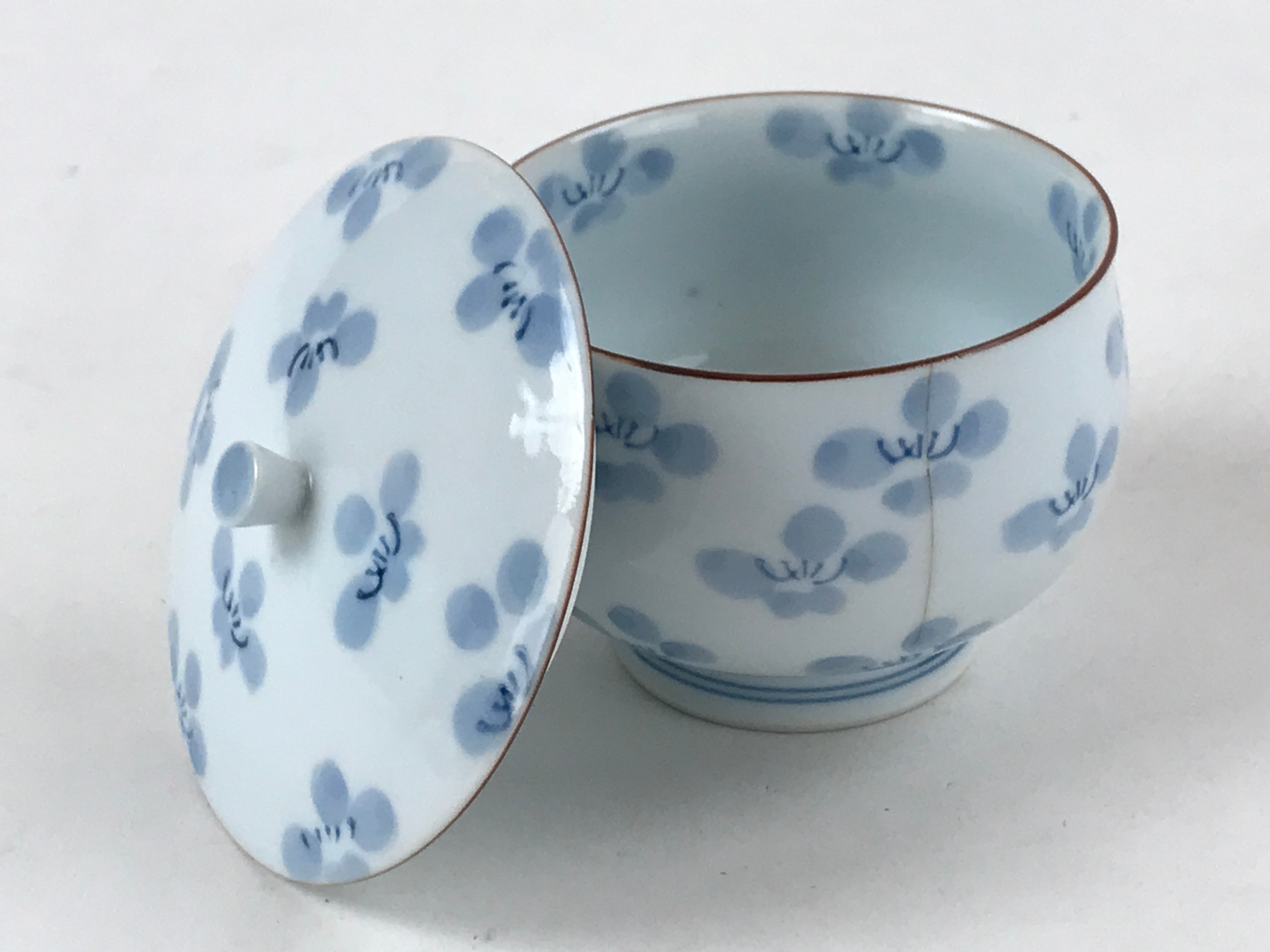 Japanese Porcelain Lidded Teacup Vtg Blue Flowers Pottery Chawan Yunomi TC388