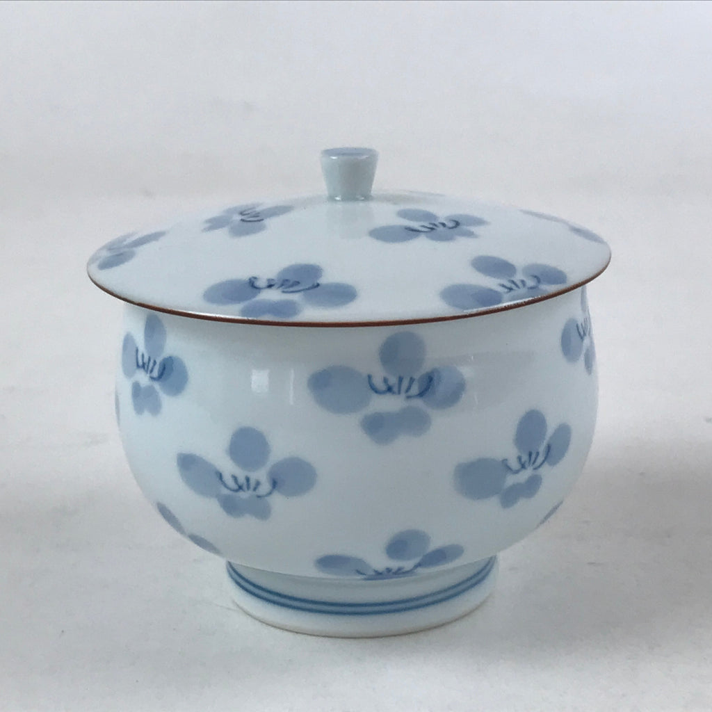 Japanese Porcelain Lidded Teacup Vtg Blue Flowers Pottery Chawan Yunomi TC388