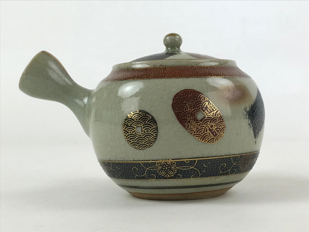 Japanese Porcelain Lidded Teapot Vtg Kyusu Light Green Crackle Glaze PY493