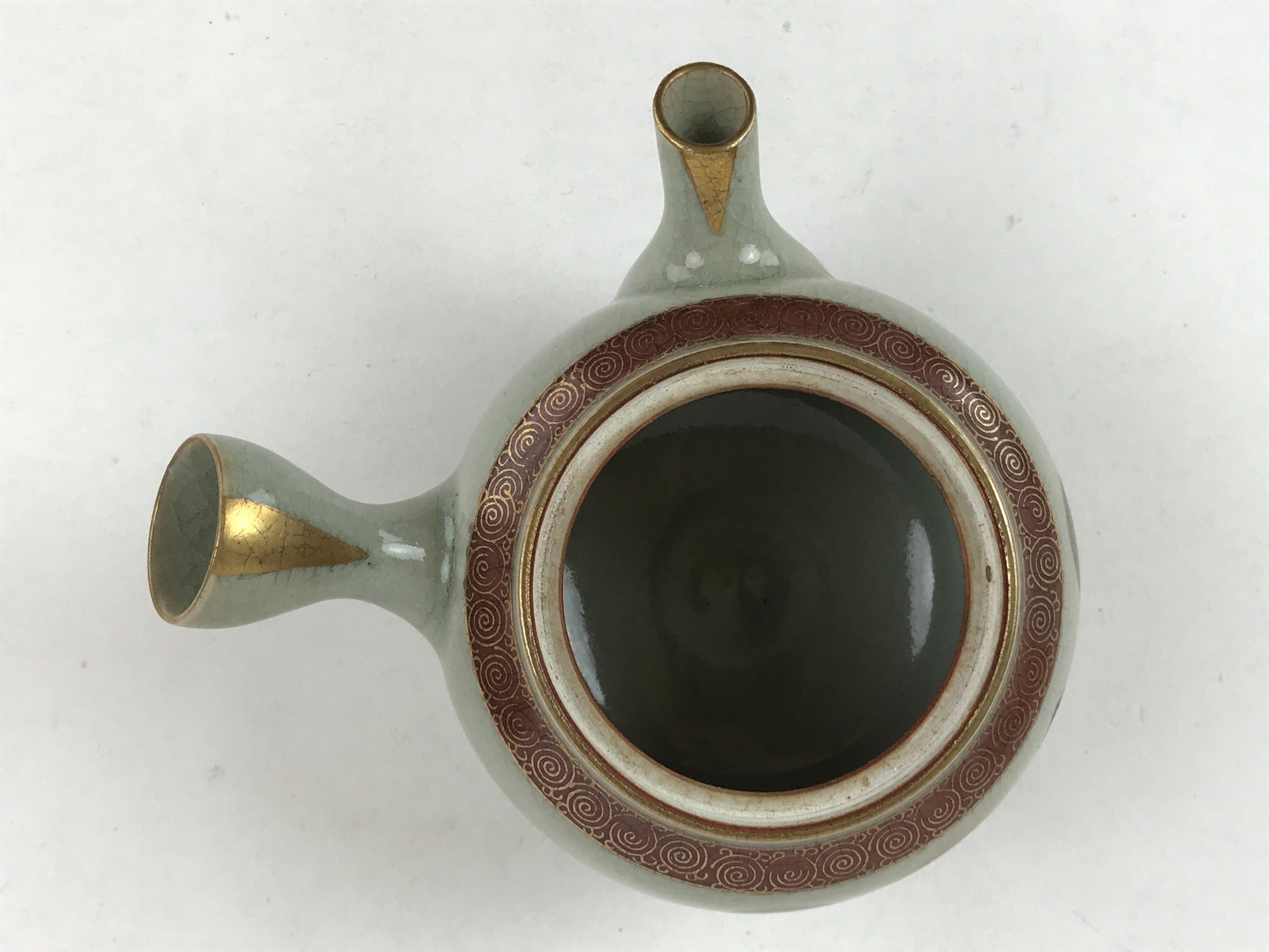 Japanese Porcelain Lidded Teapot Vtg Kyusu Light Green Crackle Glaze PY493