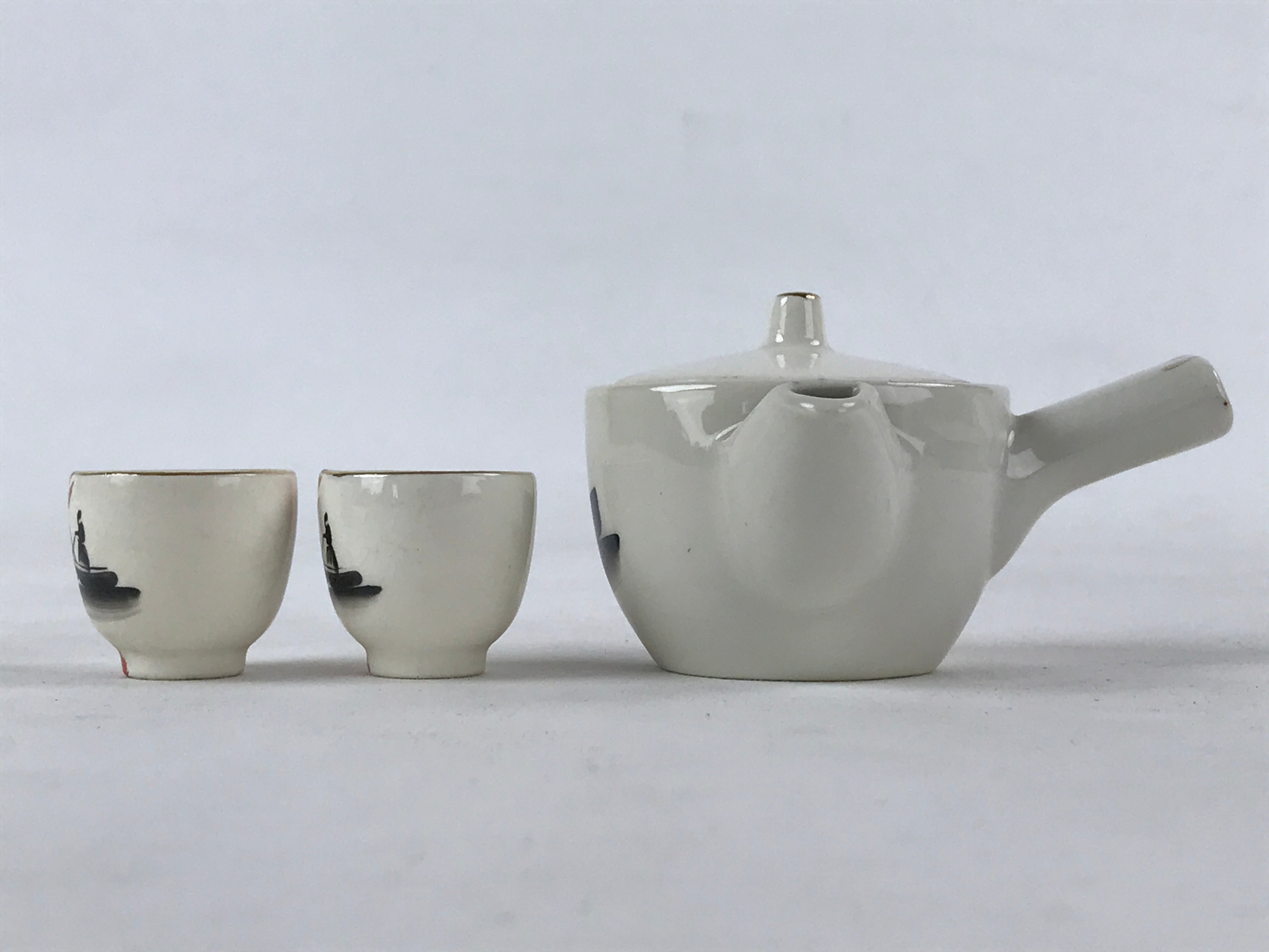 Japanese Porcelain Miniature Tea Set Vtg Kyusu Yokode Teapot 2 Cups White PY541