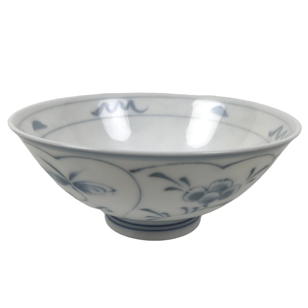 Japanese Porcelain Mino Ware Rice Bowl Chawan Vtg White Blue Plant Vine Tea Y493