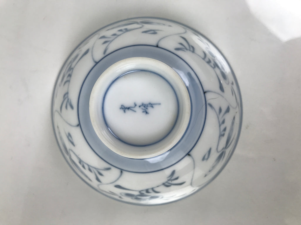 Japanese Porcelain Mino Ware Rice Bowl Chawan Vtg White Blue Plant Vine Tea Y495