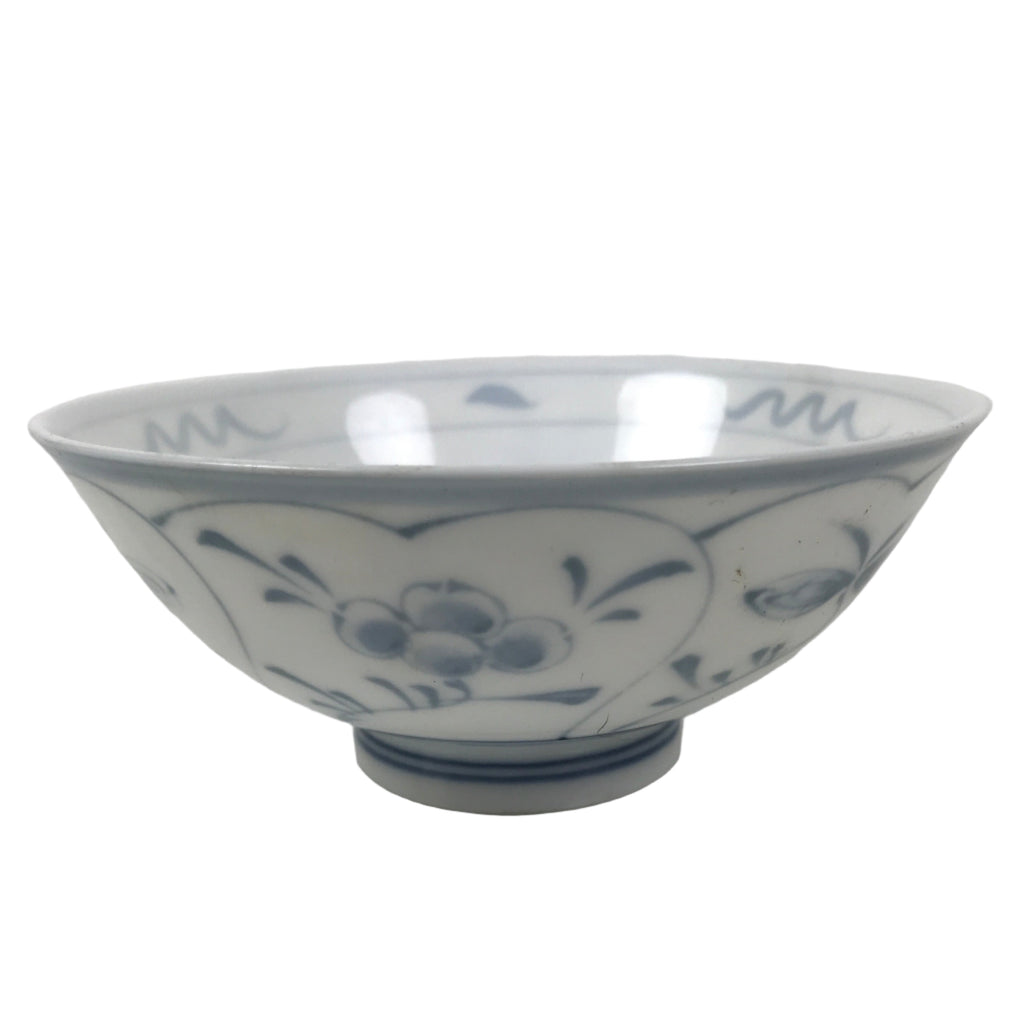 Japanese Porcelain Mino Ware Rice Bowl Chawan Vtg White Blue Plant Vine Tea Y495