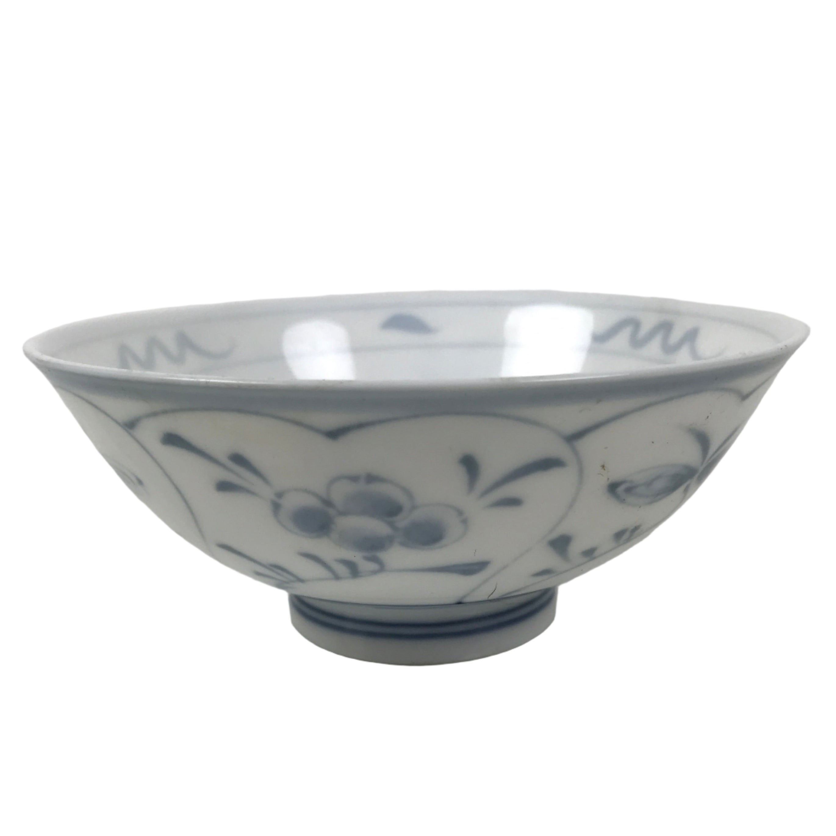 Japanese Porcelain Mino Ware Rice Bowl Chawan Vtg White Blue Plant Vine Tea Y495