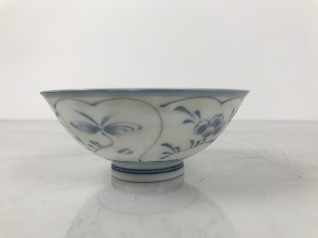 Japanese Porcelain Mino Ware Rice Bowl Chawan Vtg White Blue Plant Vine Tea Y496