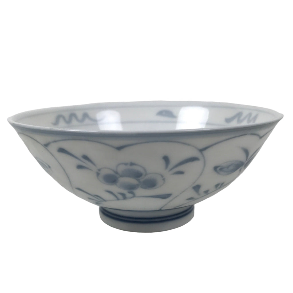 Japanese Porcelain Mino Ware Rice Bowl Chawan Vtg White Blue Plant Vine Tea Y496