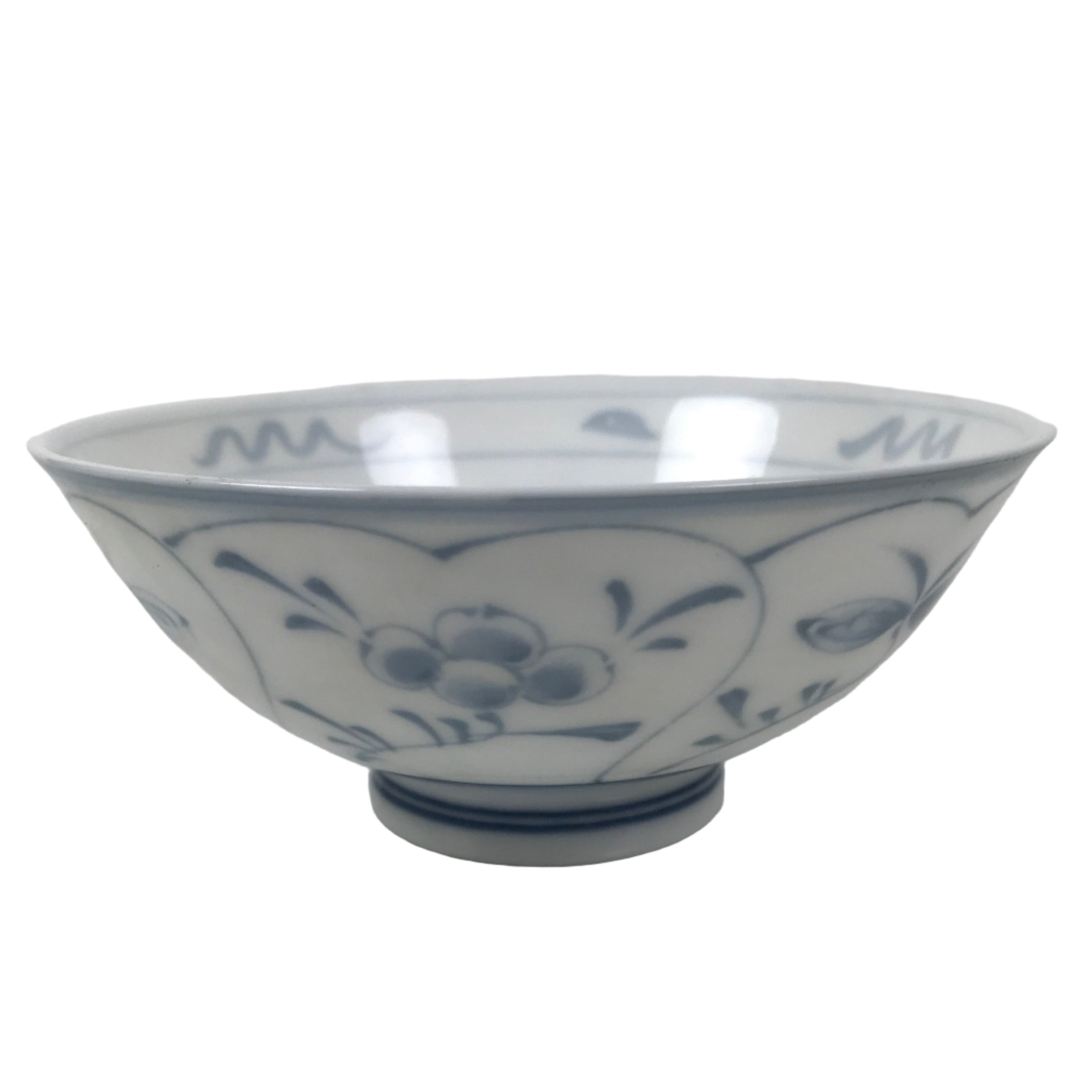 Japanese Porcelain Mino Ware Rice Bowl Chawan Vtg White Blue Plant Vine Tea Y496