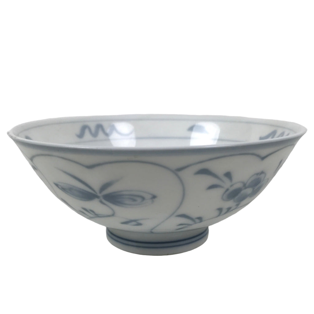 Japanese Porcelain Mino Ware Rice Bowl Chawan Vtg White Blue Plant Vine Tea Y499
