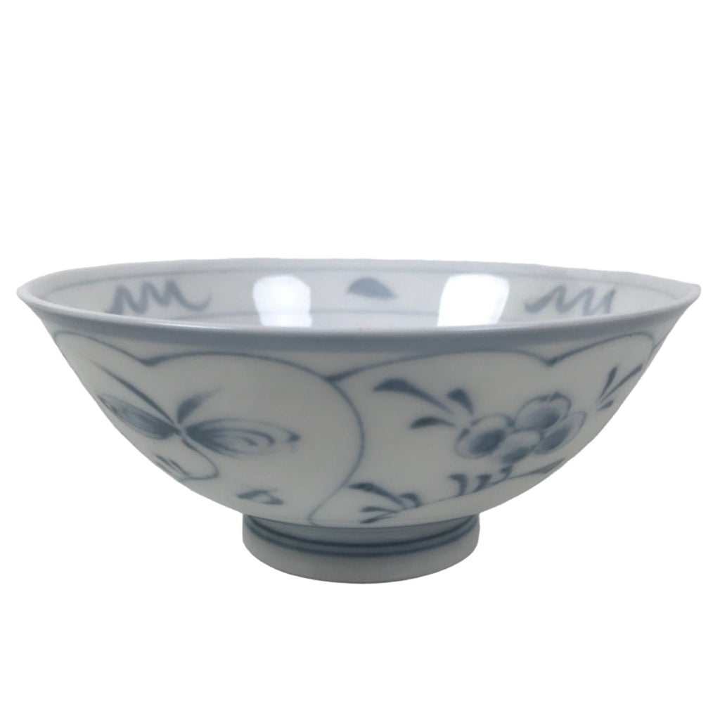 Japanese Porcelain Mino Ware Rice Bowl Chawan Vtg White Blue Plant Vine Tea Y500