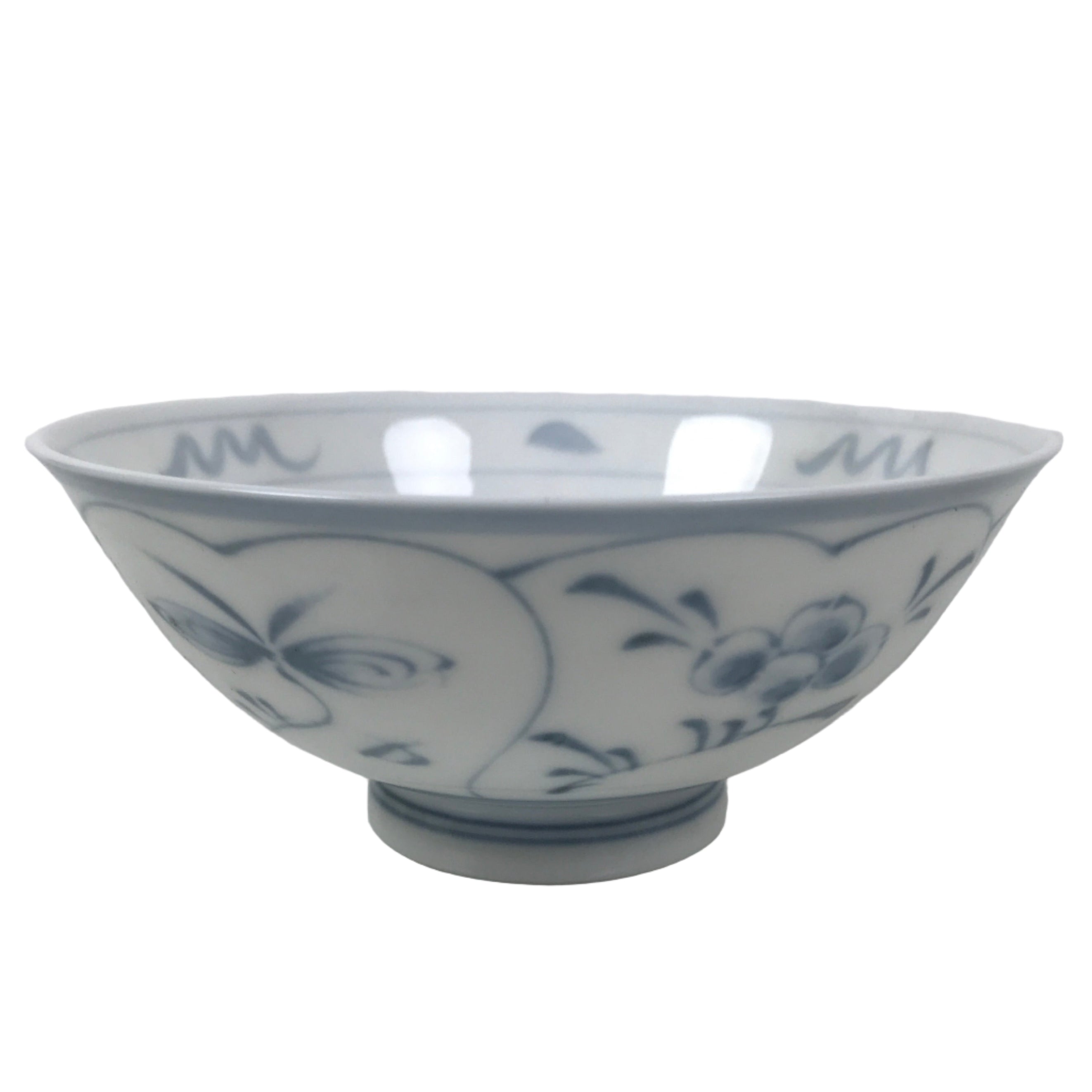 Japanese Porcelain Mino Ware Rice Bowl Chawan Vtg White Blue Plant Vine Tea Y500