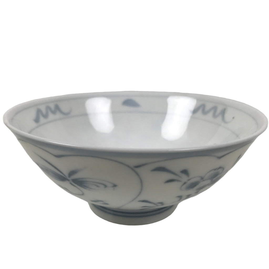 Japanese Porcelain Mino Ware Rice Bowl Chawan Vtg White Blue Plant Vine Tea Y505