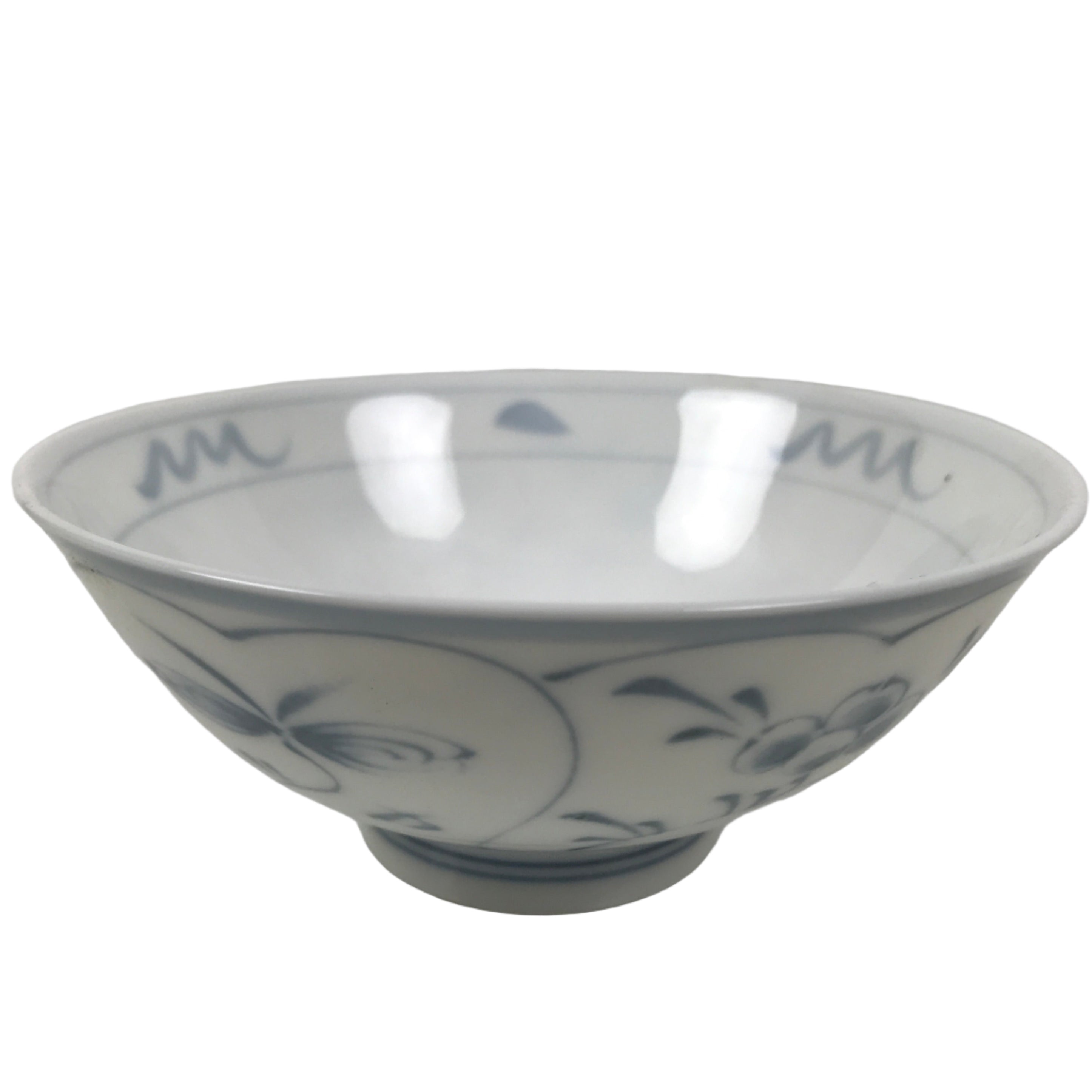 Japanese Porcelain Mino Ware Rice Bowl Chawan Vtg White Blue Plant Vine Tea Y505