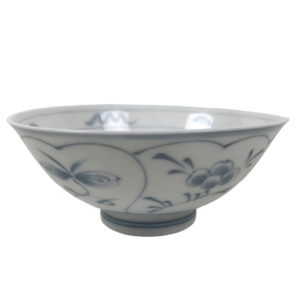 Japanese Porcelain Mino Ware Rice Bowl Chawan Vtg White Blue Plant Vine Tea Y506