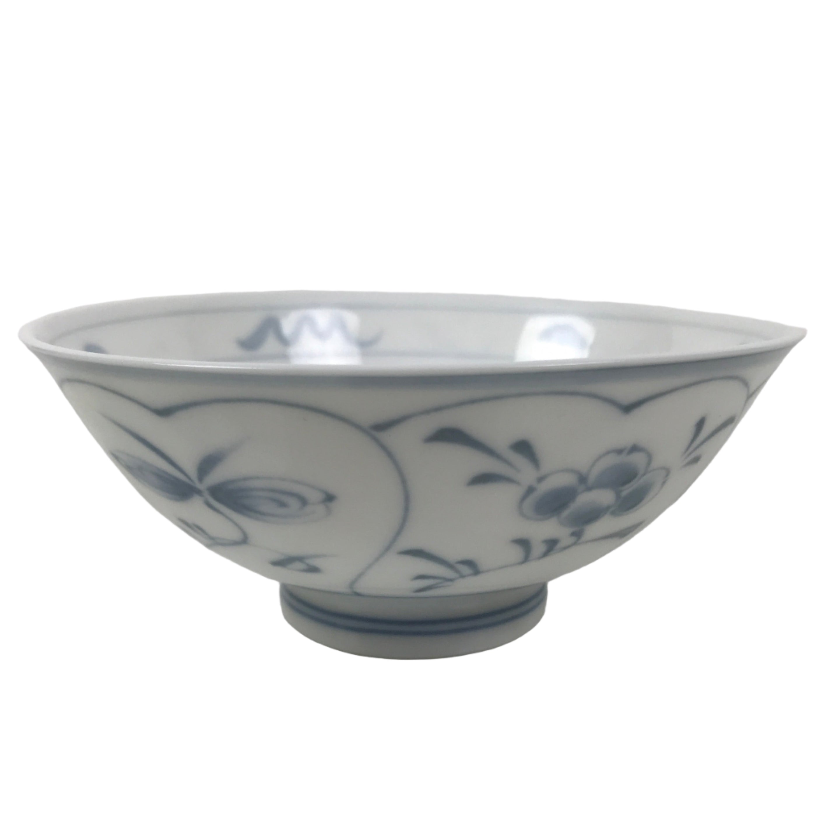 Japanese Porcelain Mino Ware Rice Bowl Chawan Vtg White Blue Plant Vine Tea Y506