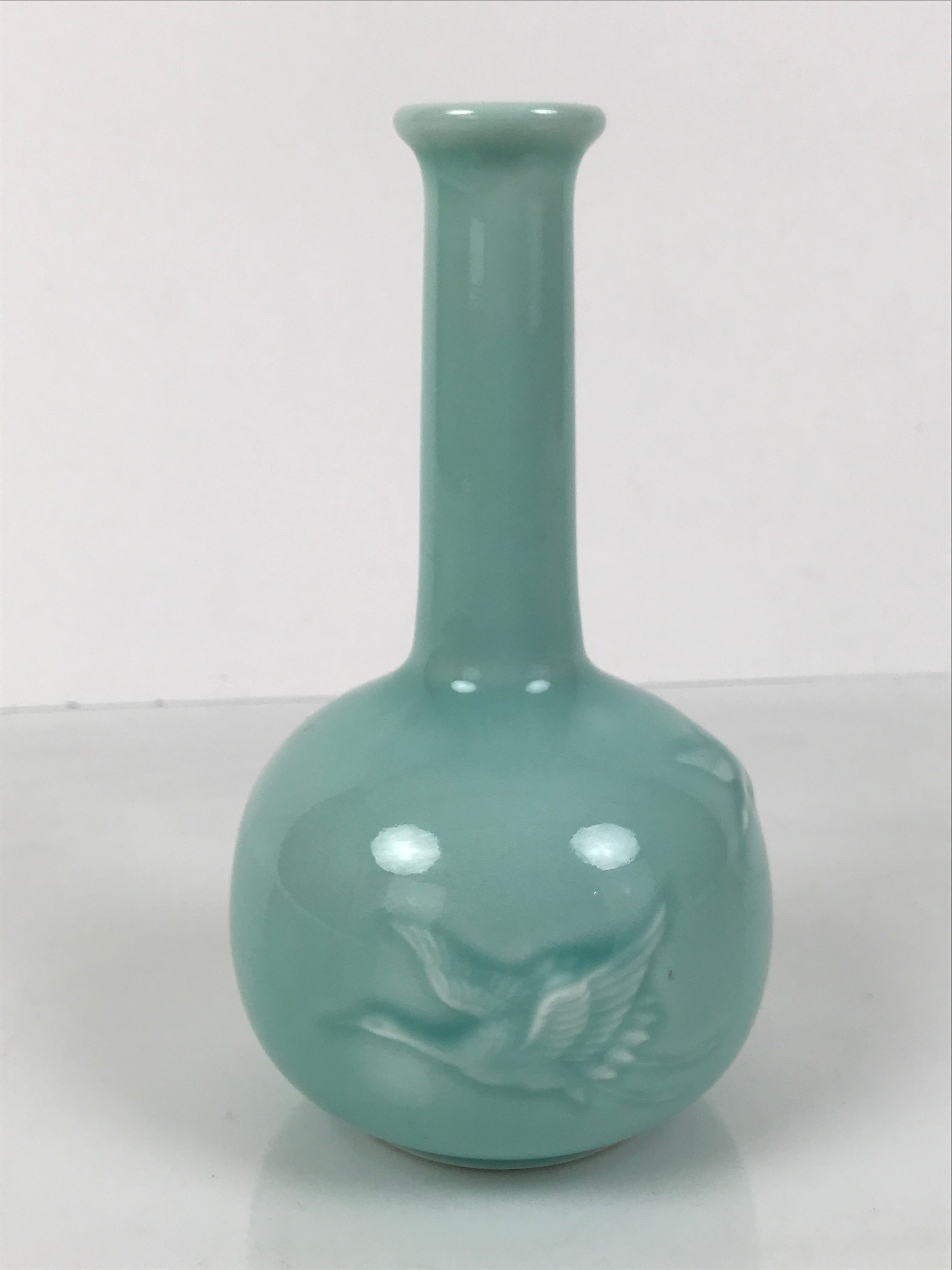 Japanese Porcelain Pottery Flower Vase Ikebana Kabin Crane Bird Celadon FK207