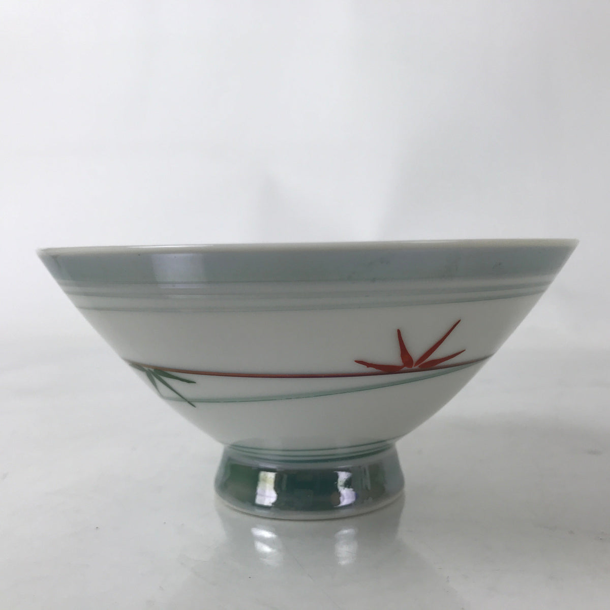 Japanese Porcelain Rice Bowl Owan Vtg Kobachi White Bamboo Leaf Line Stream Y278
