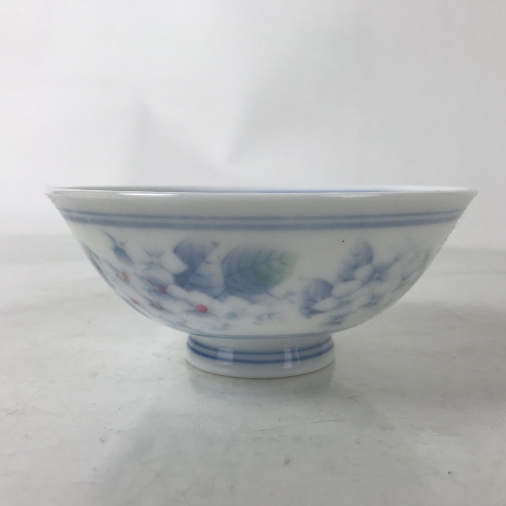 Japanese Porcelain Rice Bowl Owan Vtg Kobachi White Blue Floral Leaf Green Y265