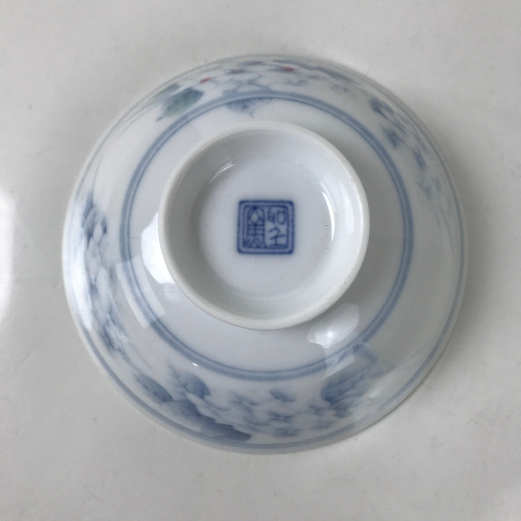 Japanese Porcelain Rice Bowl Owan Vtg Kobachi White Blue Floral Leaf Green Y265