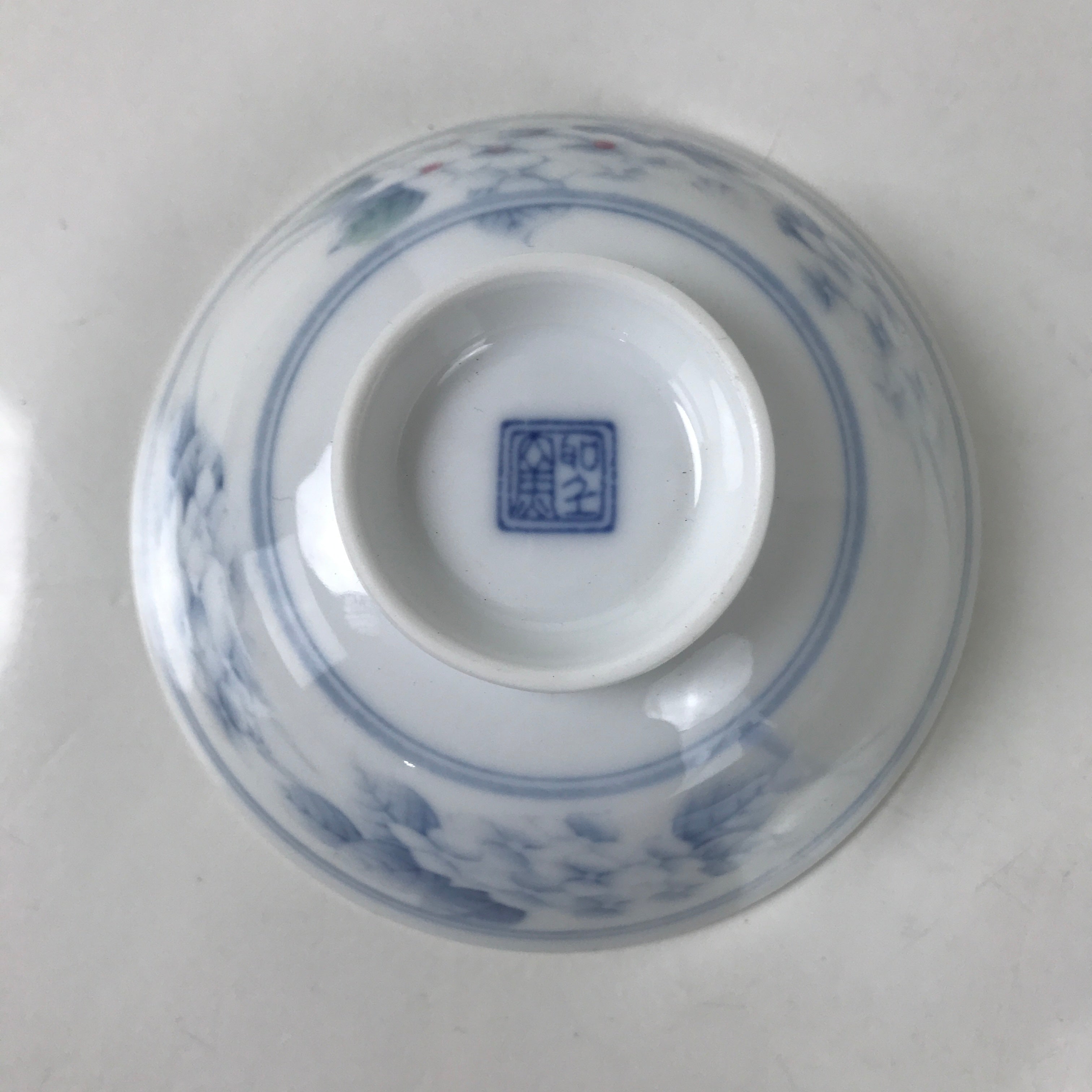 Japanese Porcelain Rice Bowl Owan Vtg Kobachi White Blue Floral Leaf Green Y265