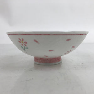 Japanese Porcelain Rice Bowl Owan Vtg Wide Textured White Pink Petal Flowers Y48