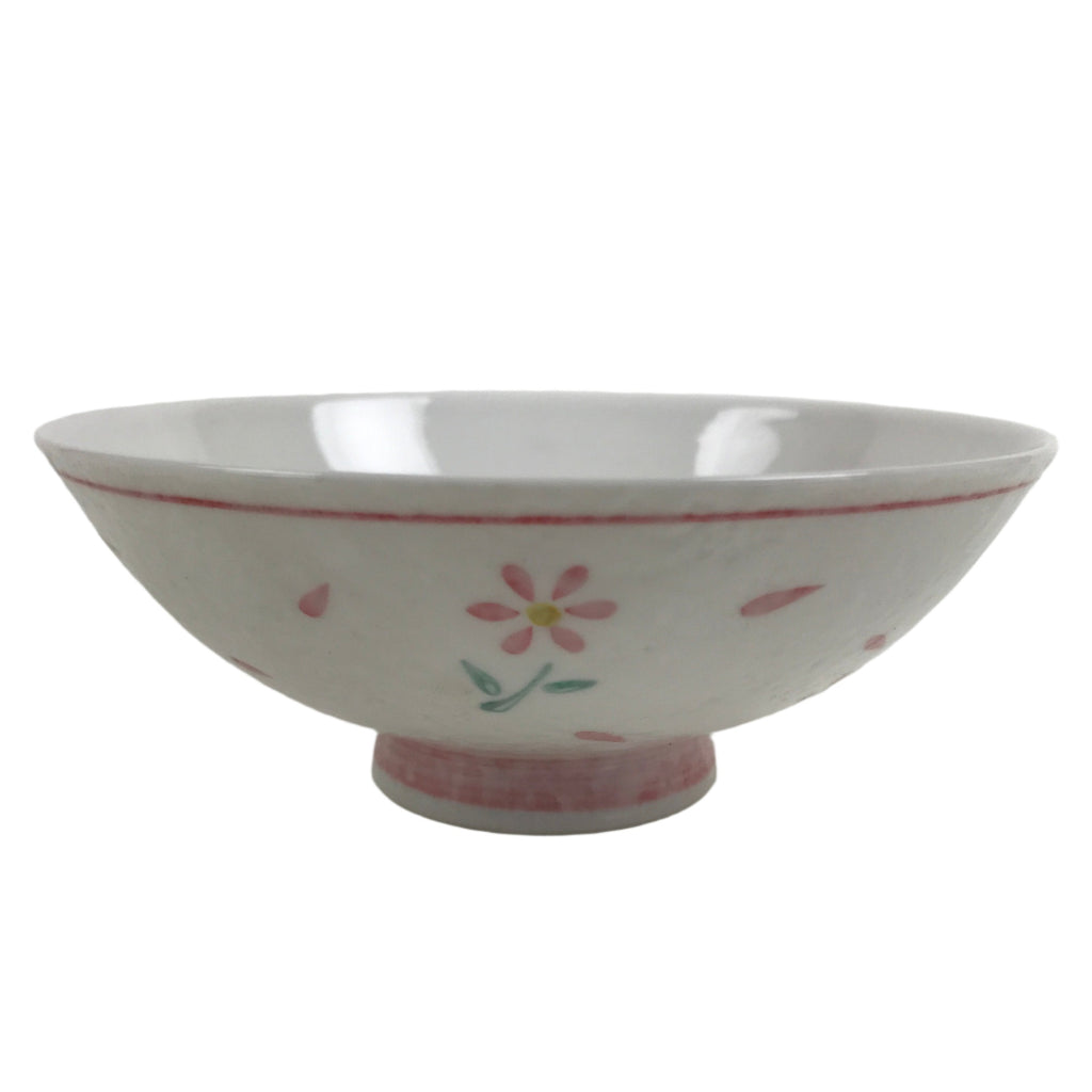 Japanese Porcelain Rice Bowl Owan Vtg Wide Textured White Pink Petal Flowers Y55