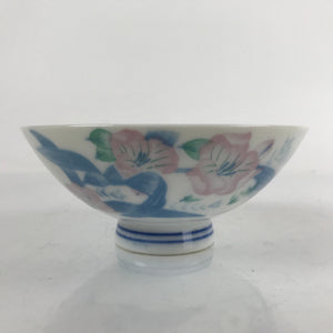 Japanese Porcelain Rice Bowl Owan Vtg Wide White Pink Blue Flower Design PY895