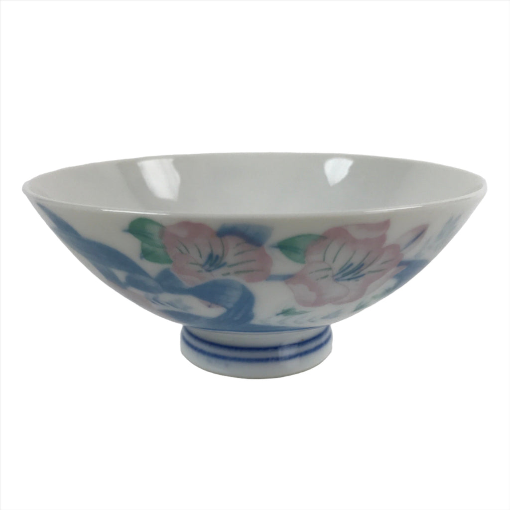 Japanese Porcelain Rice Bowl Owan Vtg Wide White Pink Blue Flower
