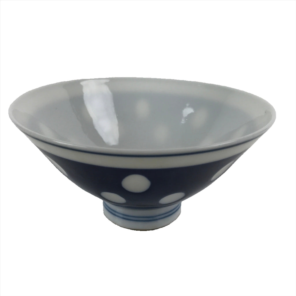 Japanese Porcelain Rice Bowl Vtg Wide Blue Polka Dot Design White PY735