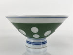 Japanese Porcelain Rice Bowl Vtg Wide Green Polka Dot Design White Blue PY728