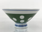 Japanese Porcelain Rice Bowl Vtg Wide Green Polka Dot Design White Blue PY728