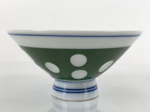 Japanese Porcelain Rice Bowl Vtg Wide Green Polka Dot Design White Blue PY728