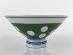 Japanese Porcelain Rice Bowl Vtg Wide Green Polka Dot Design White Blue PY728