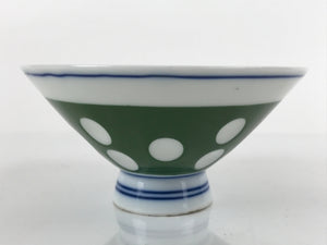 Japanese Porcelain Rice Bowl Vtg Wide Green Polka Dot Design White Blue PY728