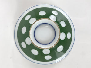Japanese Porcelain Rice Bowl Vtg Wide Green Polka Dot Design White Blue PY728