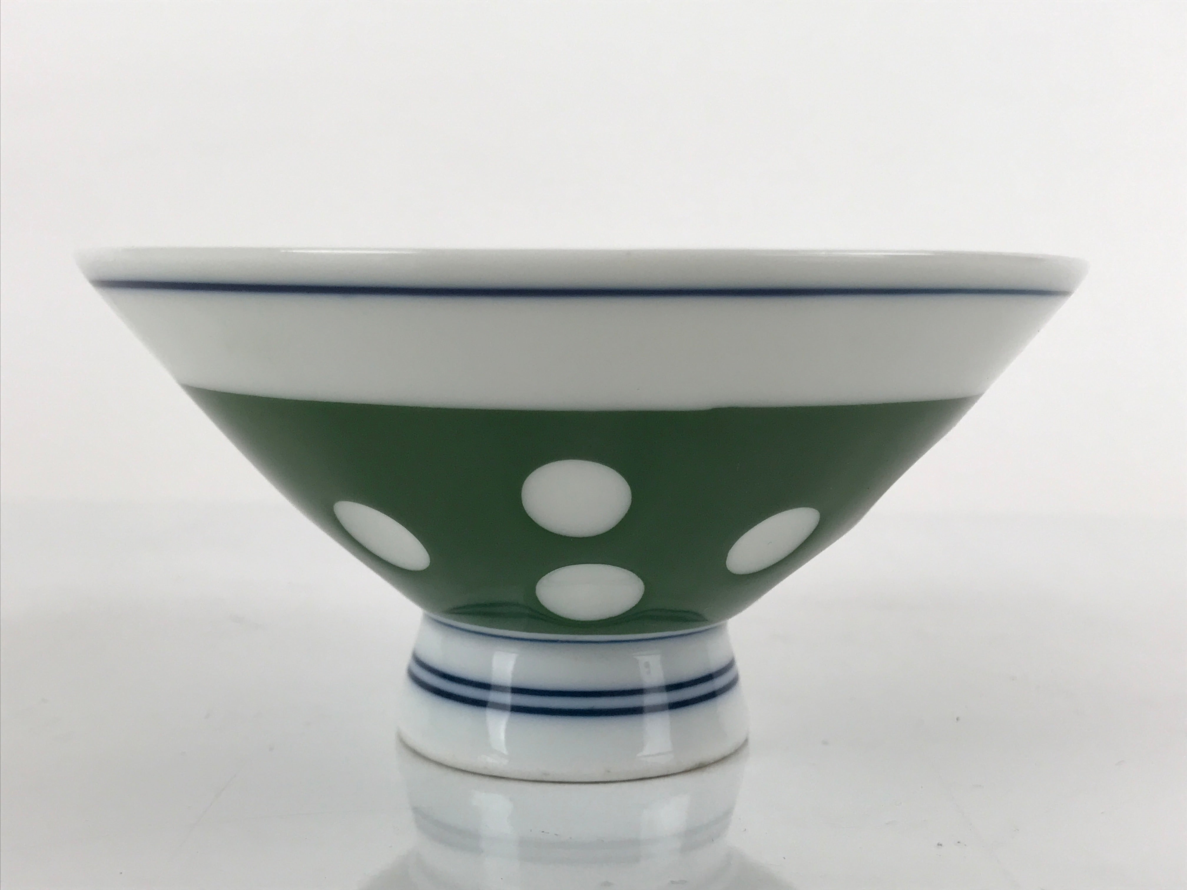 Japanese Porcelain Rice Bowl Vtg Wide Green Polka Dot Design White Blue PY729