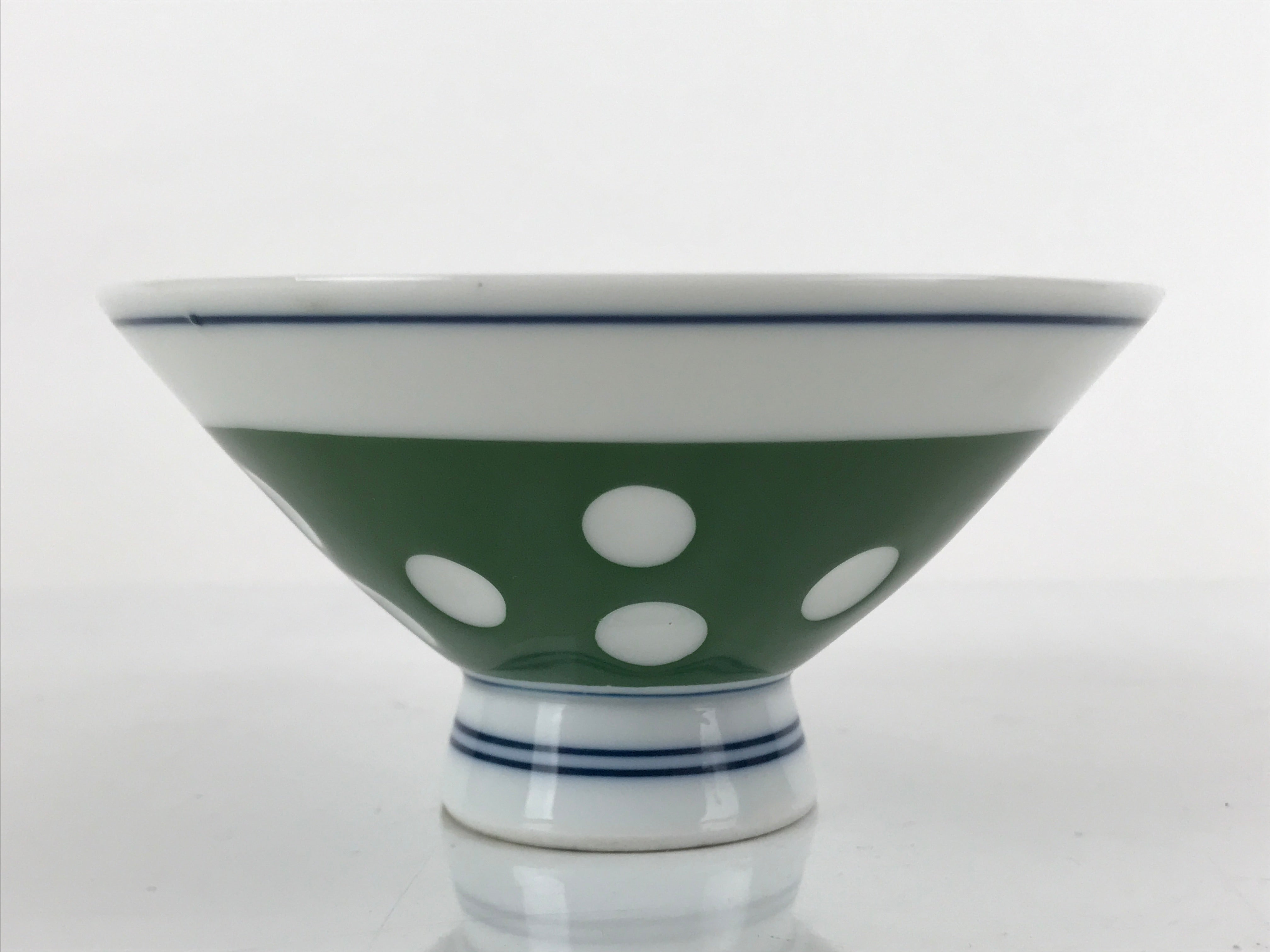 Japanese Porcelain Rice Bowl Vtg Wide Green Polka Dot Design White Blue PY729