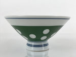 Japanese Porcelain Rice Bowl Vtg Wide Green Polka Dot Design White Blue PY729