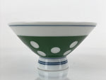 Japanese Porcelain Rice Bowl Vtg Wide Green Polka Dot Design White Blue PY729