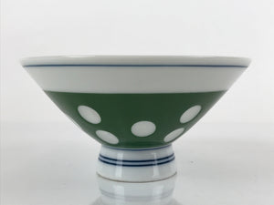 Japanese Porcelain Rice Bowl Vtg Wide Green Polka Dot Design White Blue PY729