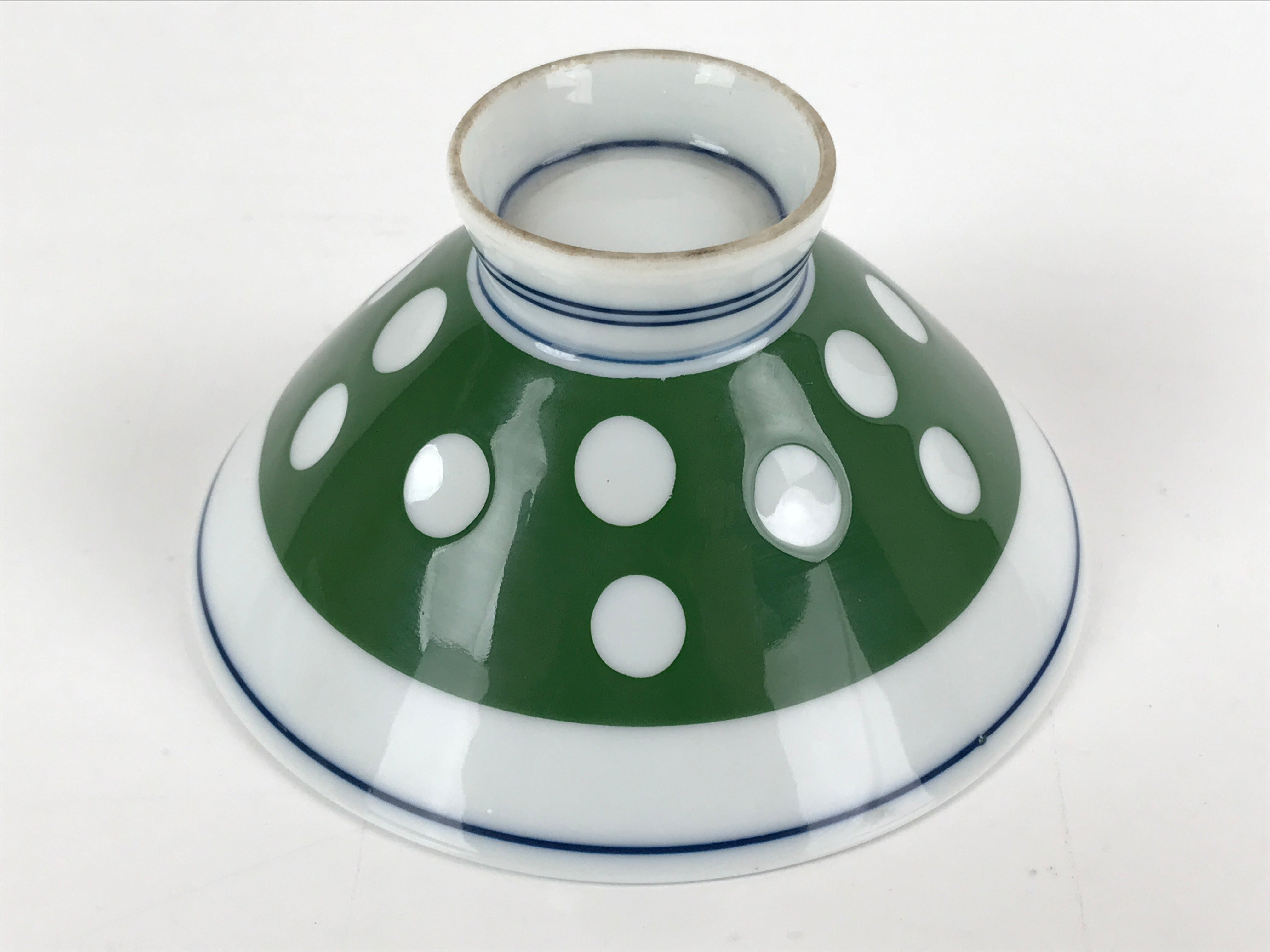Japanese Porcelain Rice Bowl Vtg Wide Green Polka Dot Design White Blue PY729