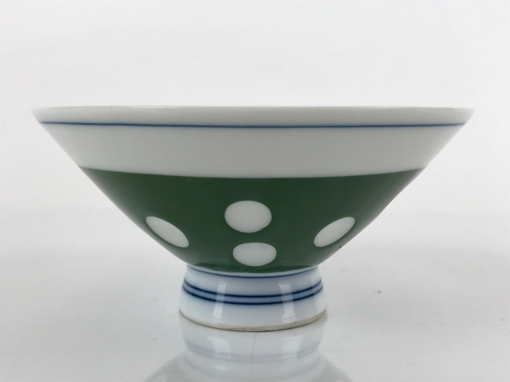 Japanese Porcelain Rice Bowl Vtg Wide Green Polka Dot Design White Blue PY730