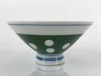 Japanese Porcelain Rice Bowl Vtg Wide Green Polka Dot Design White Blue PY730