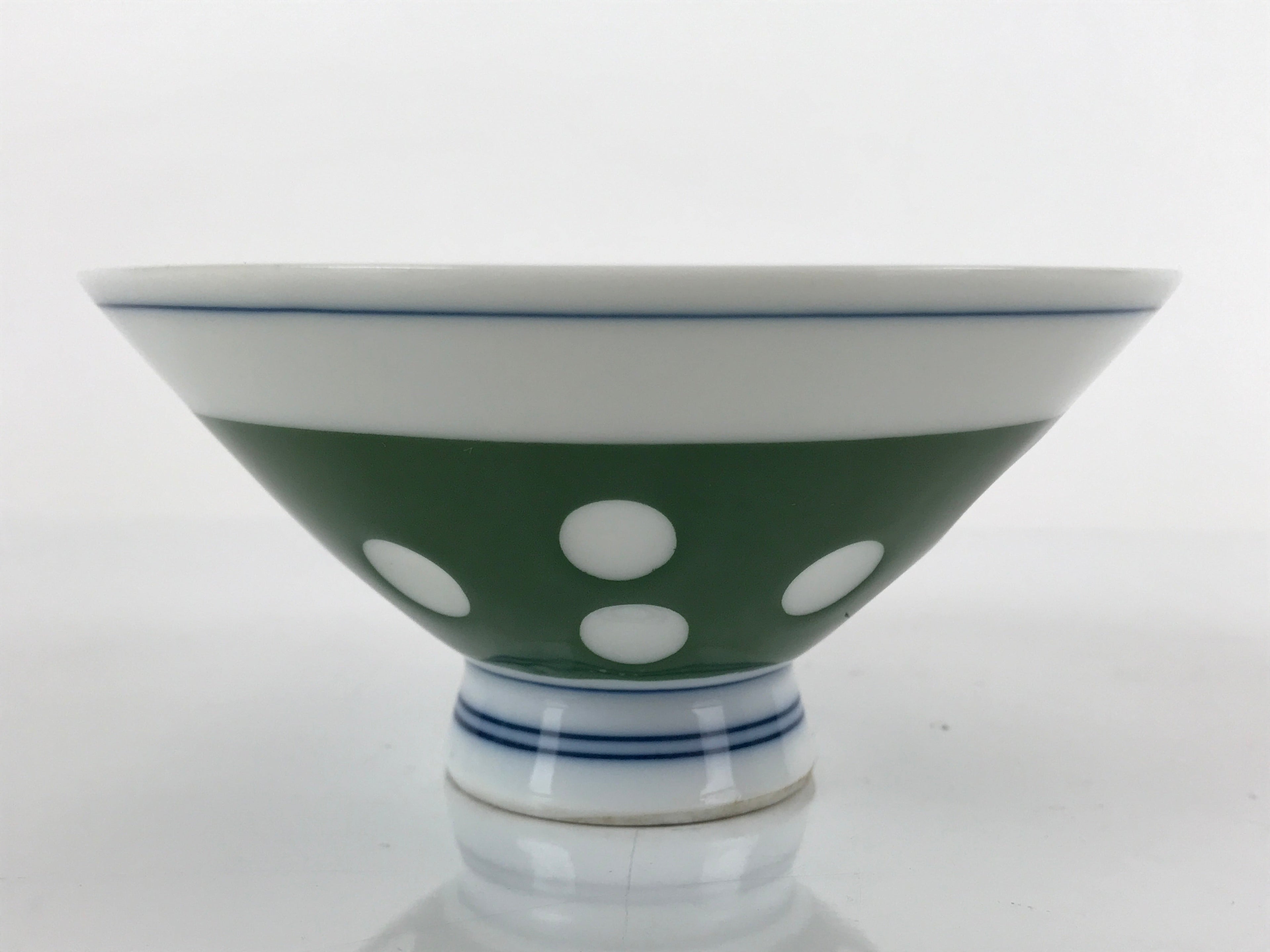 Japanese Porcelain Rice Bowl Vtg Wide Green Polka Dot Design White Blue PY730