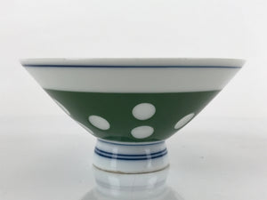 Japanese Porcelain Rice Bowl Vtg Wide Green Polka Dot Design White Blue PY730