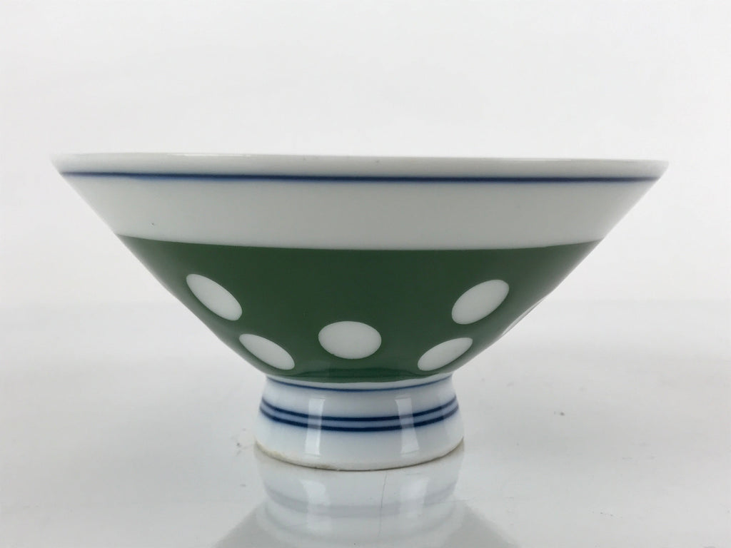 Japanese Porcelain Rice Bowl Vtg Wide Green Polka Dot Design White Blue PY730